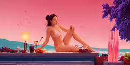 a woman sitting on a ledge near some fruit,a woman with no clothes is sitting on a bench next to fruit