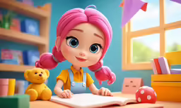a cartoon girl sitting at a desk with a teddy bear