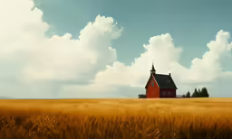 red church sitting in a golden field with sky and clouds