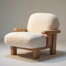 a wooden arm chair with an armrest made of white sheep wool