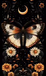 an artistic butterfly with flowers on a black background