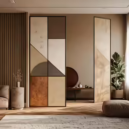 a modern style room with several shades of beige, red and brown
