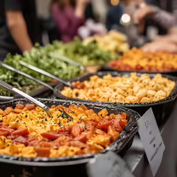 buffet style platters of different foods sitting on tables