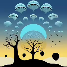 the tree with flying parachutes near a lake,some strange trees in a field and some flying in the sky
