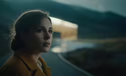a woman is looking at something while standing on a road