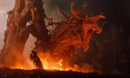 a very big demon standing in front of a big fire