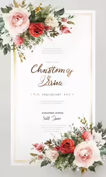 wedding card with red roses and leaves on top