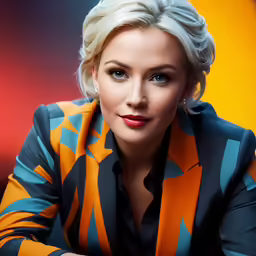 a woman with blond hair and blue eyes sitting next to a yellow red and black sign