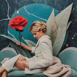 a painting of a girl sitting on a blue chair