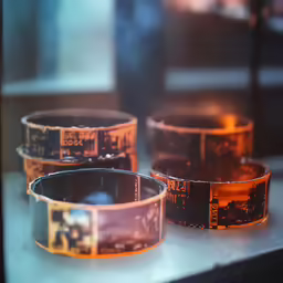three bracelets that are sitting in a window