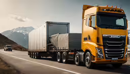 a semi trailer truck on a highway with mountains behind it,a tractor trailer truck driving next to an 18 wheeler