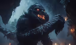 the creature with glowing eyes and mouth is in a dark forest