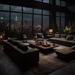 living room with large glass windows and city lights