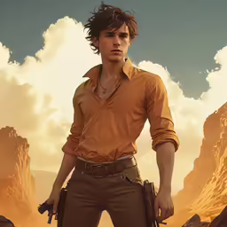 the character, called nathan lewis is posing in a desert scene