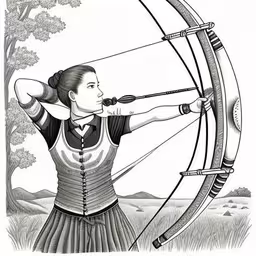 a black and white drawing of a girl aiming an arrow,a woman with a bow and arrow pointing at something
