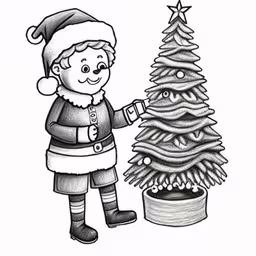 a boy with christmas hat and scarf next to a christmas tree,a kid putting decorations on the christmas tree,a christmas boy is putting ornaments in the christmas tree,a child and a christmas tree by the line drawing,a kid with a christmas tree and presents