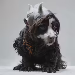 a close - up of a dog with an artistic hat