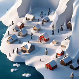 small village next to a mountain and snowy river