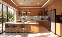 an open kitchen and dining area with a large window