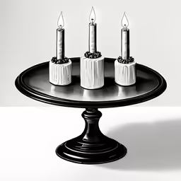 four candles sitting on a round pedestal with an image of the word love and letters written in front of them
