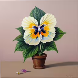 the painting has a big flower with leaves in it,painting of a white flower with yellow stamen