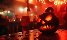 an illuminated pumpkin sitting on a table in a dark restaurant