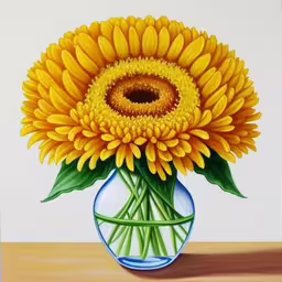 a large yellow sunflower in a glass vase,a painting of a yellow flower in a blue vase