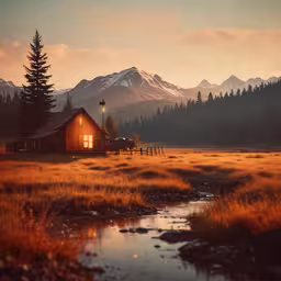 a cabin in the mountains has its sunset,there is a wooden cabin in the middle of the field