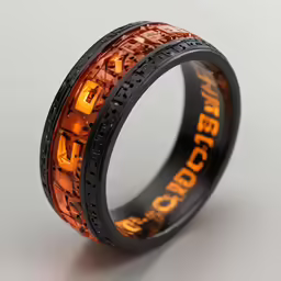 an orange wedding ring with black wheels