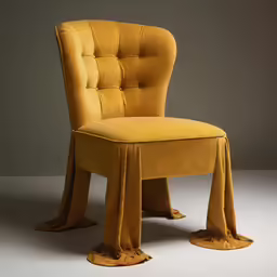 a yellow chair is next to some curtains