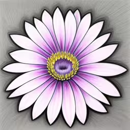 a drawing with white and purple flowers on a gray surface,a large white flower is seen in this computer generated painting