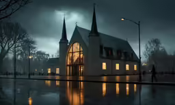 a large church sitting on top of a rainy street