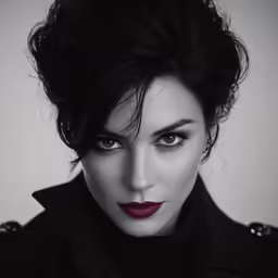 the woman is wearing black and red lipstick