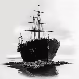 the black ship is floating in the water