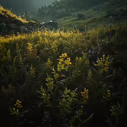 a small field of flowers that is all yellow