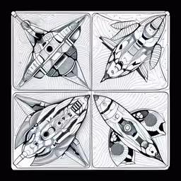 a group of four black and white pictures of space rockets