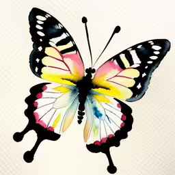 an image of a butterfly on white paper,the large butterfly has bright, black wings and a multicolored tail,a painting of a butterfly in watercolng on paper,the drawing shows a large butterfly with colorful wings,the butterfly has many colors on its wings