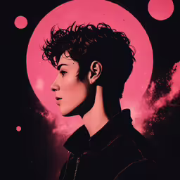 an artistic portrait is seen of a girl with short hair,an artistic image of a woman wearing ear buds