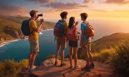 several young people standing on a cliff near the ocean and take pictures,a man filming a woman with a camera