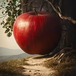 the big apple is on top of a rock and there are trees around it