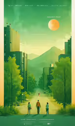 two people walk down a dirt road in the distance,three people walking down the road in front of buildings
