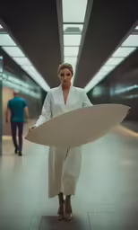 woman in white suit carrying a large surf board