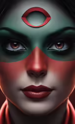 a woman with red and green face paint on her