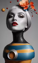 a woman wearing a strange head and a flower