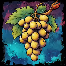 a bunch of grapes with green leaves on a branch