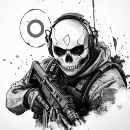 a drawing of an action skeleton with headphones and rifle