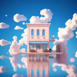 a white house surrounded by clouds in a blue sky