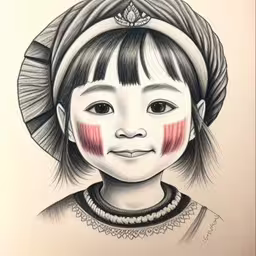 a pencil drawing of a little girl with a japanese flag painted on her cheek,a girl