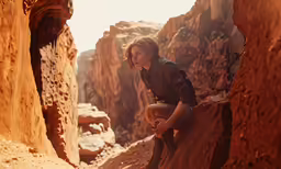 a man sitting on a rock in a desert area