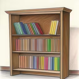 this drawing has a book case full of books,the colored book shelf holds books,the shelf is brown with many different colored books,this is a pencil drawing of a book shelf,a drawing of an bookshelf with colored books